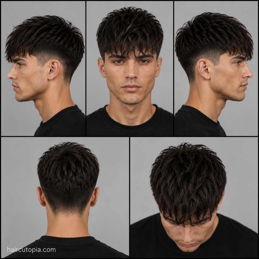 Five-view collage of a modern fringe haircut for diamond-shaped faces showing the front, left side, right side, back, and top views.
