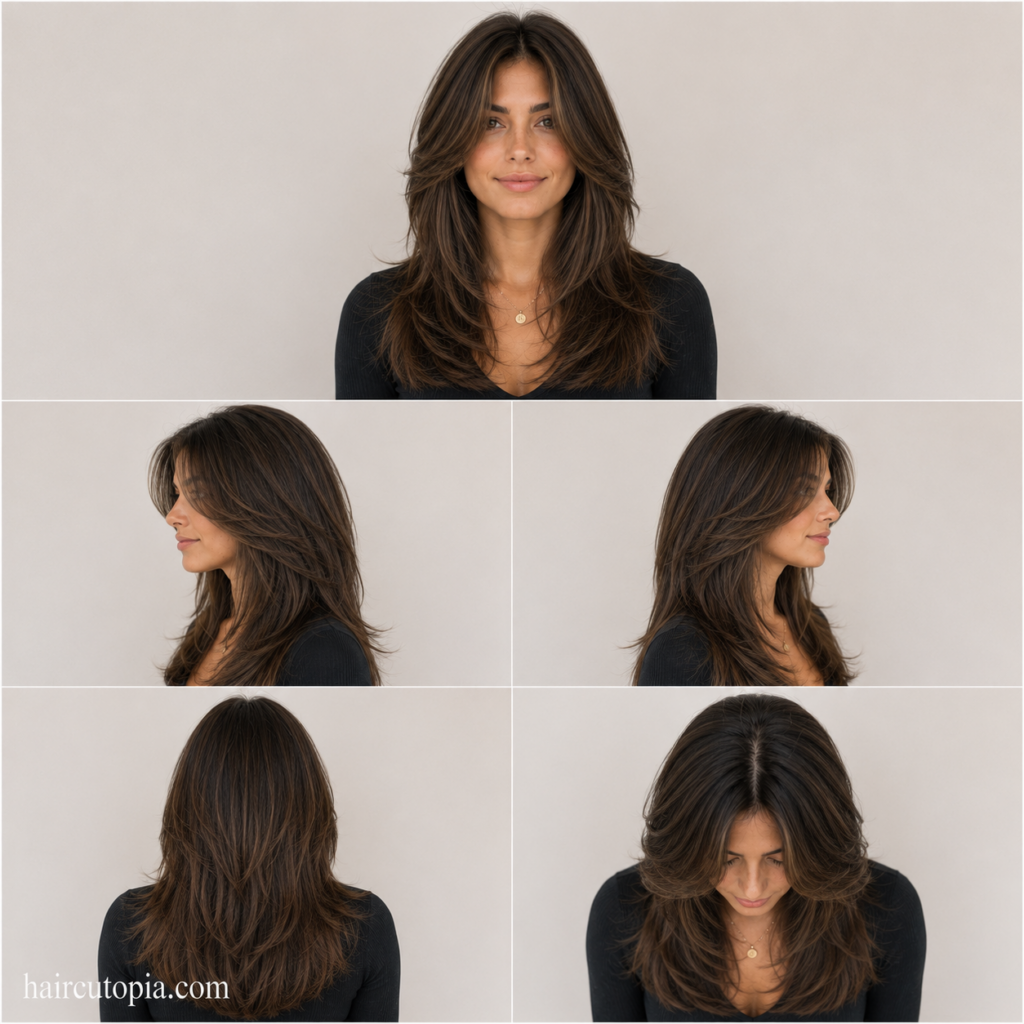 Five-view collage of a woman with a face-framing layered haircut for coarse hair showing the front, left side, right side, back, and top views.