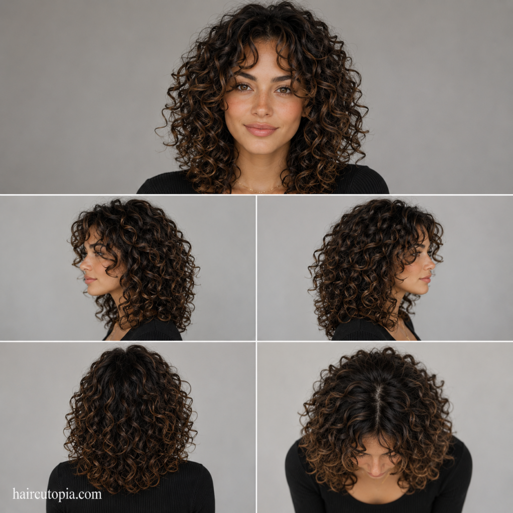 Five-view collage of a woman with face-framing layered curly hair showing the front, left side, right side, back, and top views.