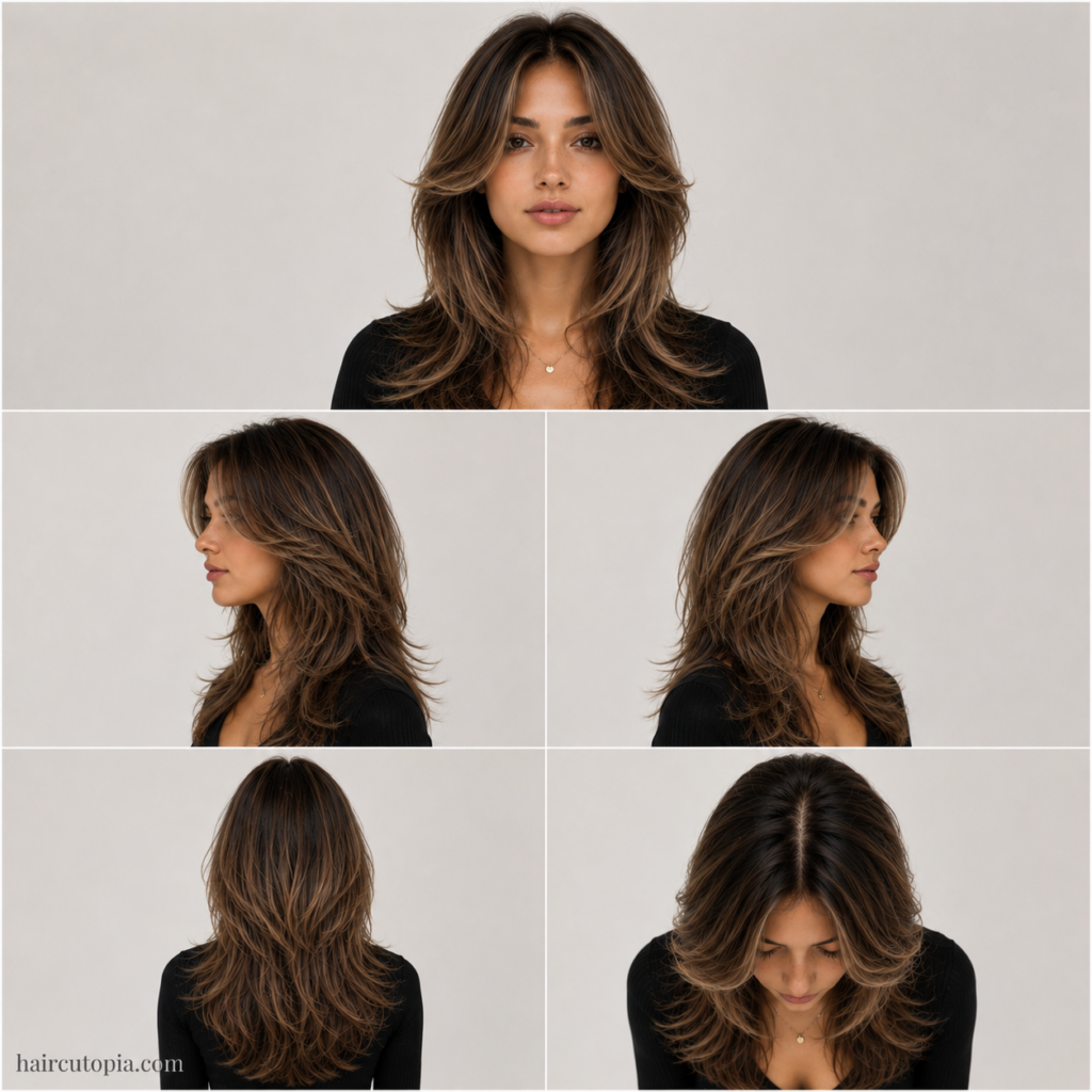 Five-view collage of a face-framing layered haircut for a diamond-shaped face showing the front, left side, right side, back, and bird's-eye views.