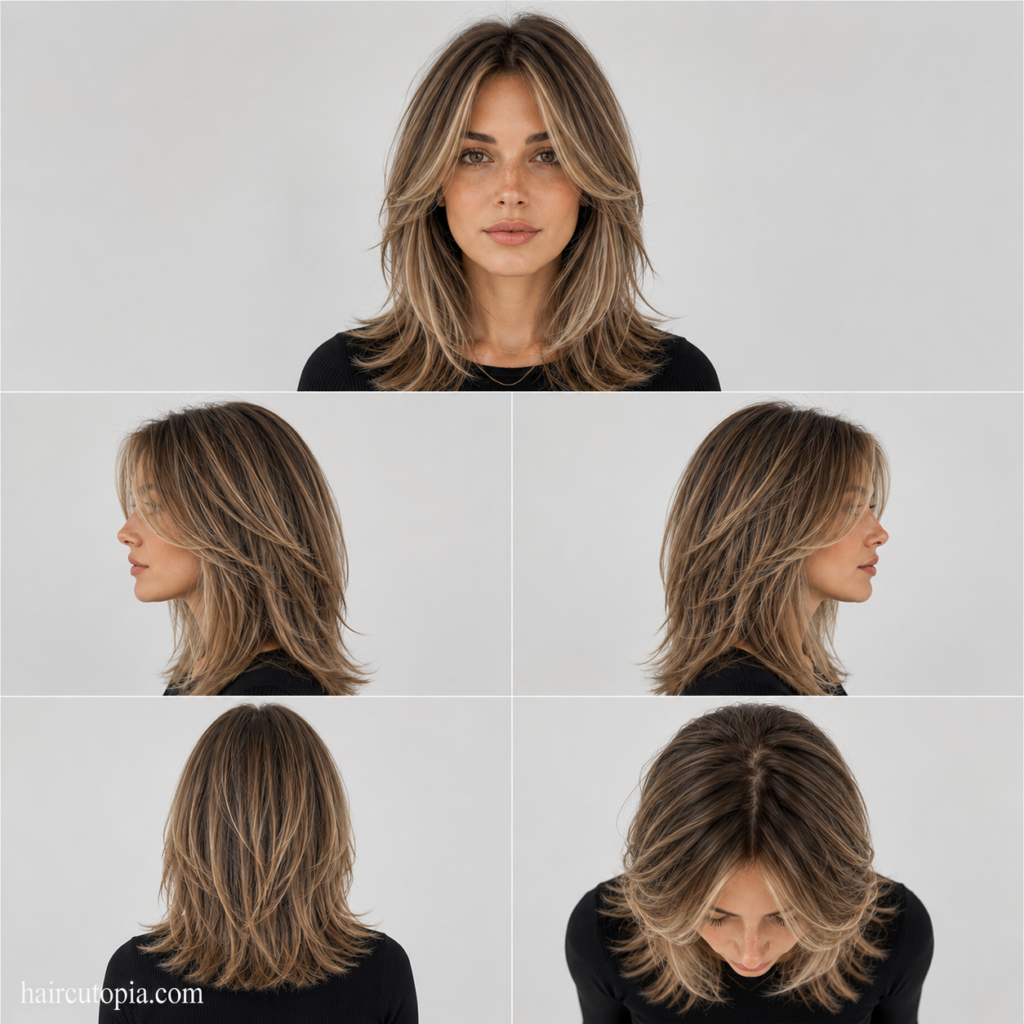 Five-view collage of a woman with face-framing layers for fine hair, showing the front, left side, right side, back, and top views.