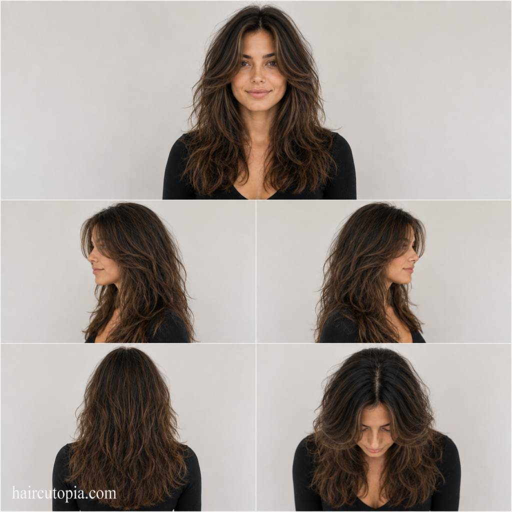 Five-view collage of a woman with a face-framing layered haircut for frizzy hair showing the front, left side, right side, back, and top views.