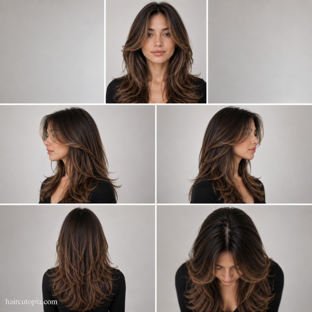 Face-framing layers shown from front, left side, right side, back, and top views