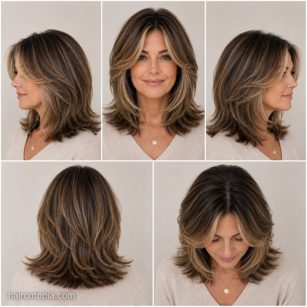 Five-view collage of a face-framing layered haircut for busy moms showing the front, left side, right side, back, and bird's-eye view.