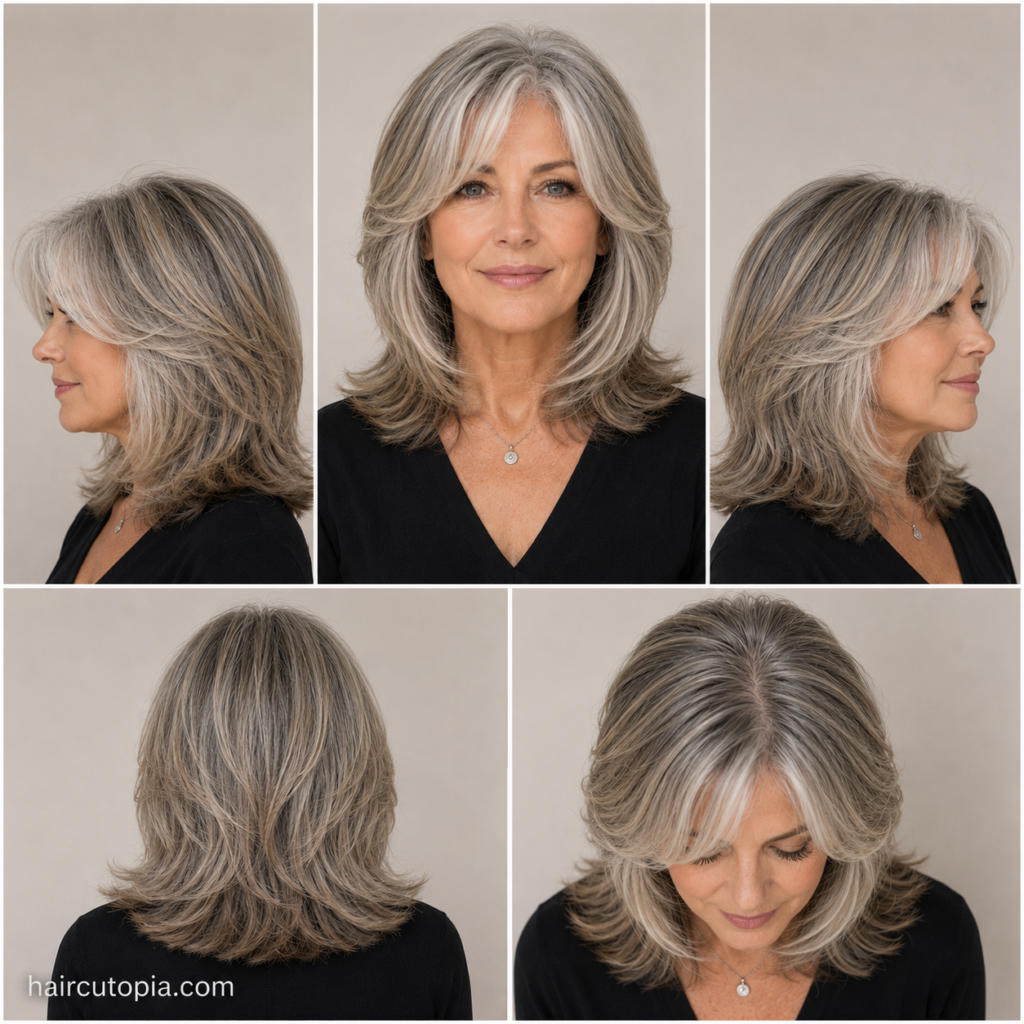 Five-view collage of a face-framing layered haircut for older women featuring the front, left side, right side, back, and bird's-eye view.