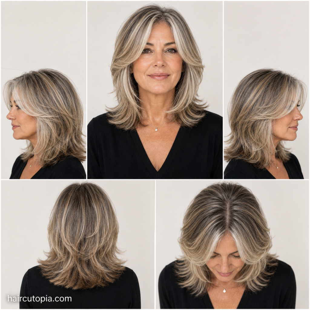 Five-view collage of a face-framing layered haircut for women over 50 showing the front, left side, right side, back, and bird's-eye view.
