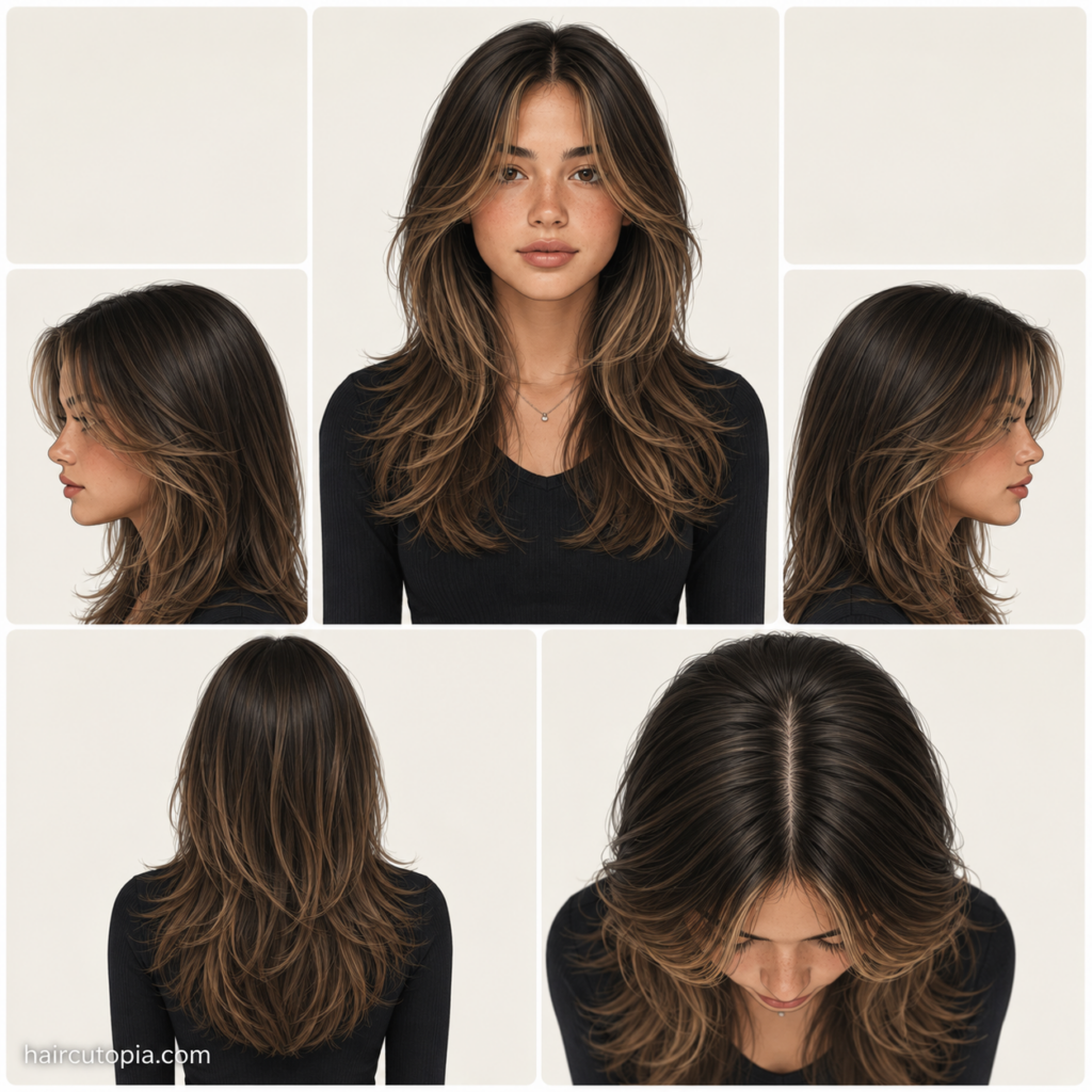 Five-view collage showing a face-framing layered haircut for teen girls from the front, left side, right side, back, and top view.