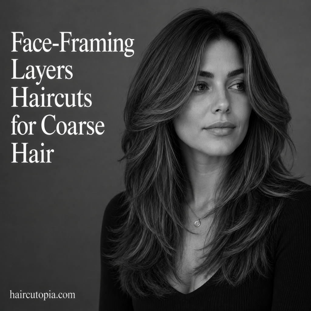 Woman with a face-framing layered haircut for coarse hair featuring soft blended layers and natural volume in a black-and-white editorial portrait.