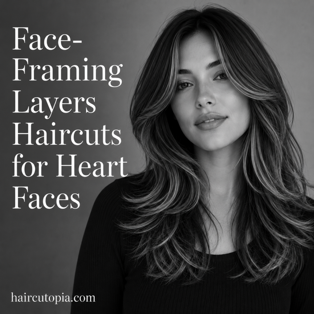 Woman with soft face-framing layered haircut styled to complement a heart-shaped face in a black-and-white editorial portrait.