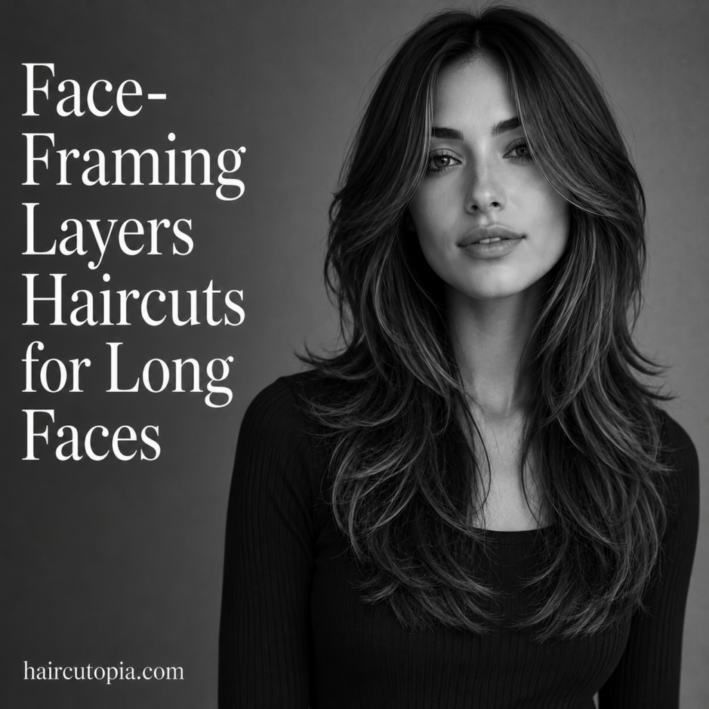 Woman with a modern face-framing layered haircut designed to flatter a long face shape in a black-and-white editorial portrait.