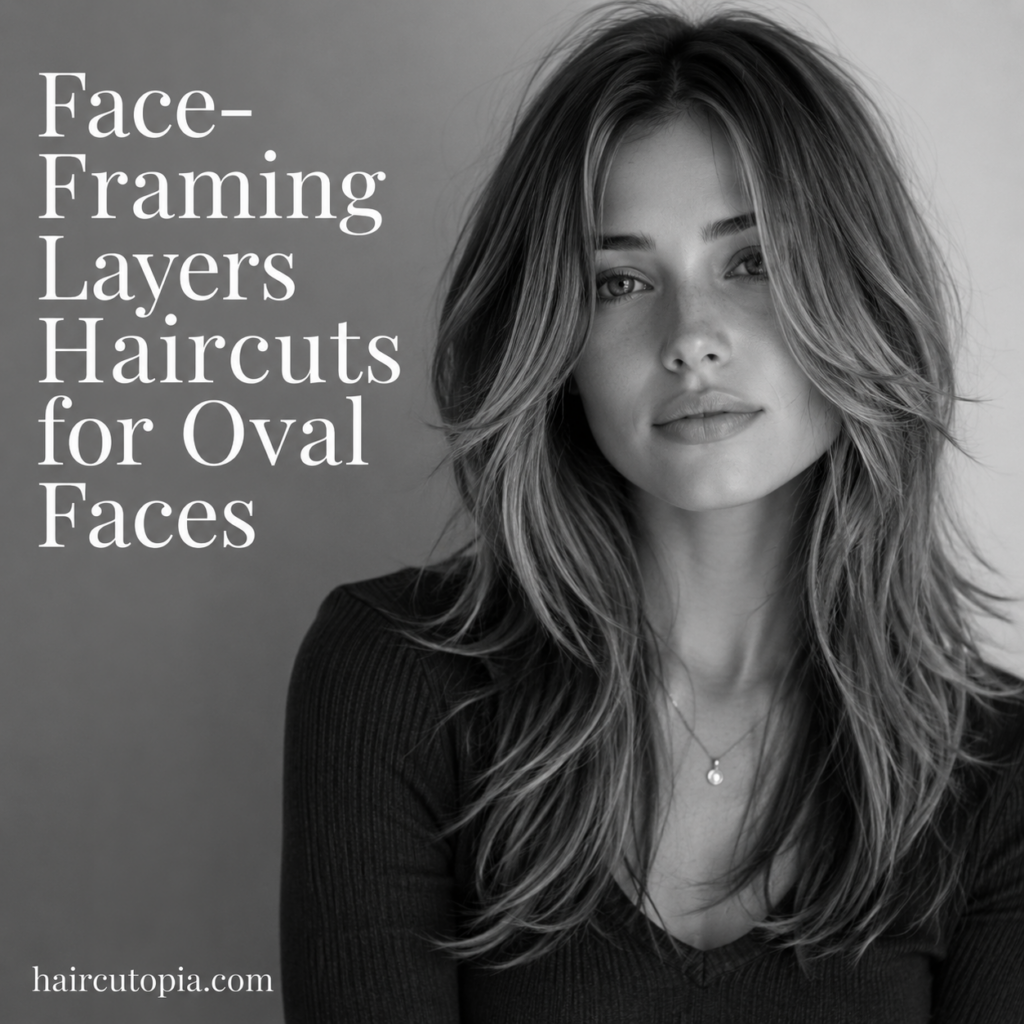 Woman with long face-framing layered haircut styled for an oval face in a modern black-and-white editorial portrait.