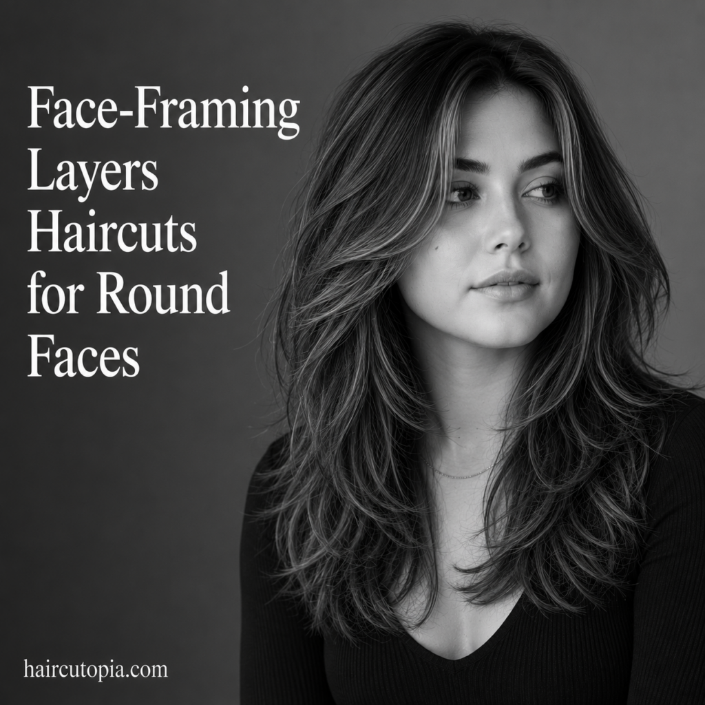 Woman with a face-framing layered haircut for a round face featuring soft blended layers, natural movement, and a black-and-white editorial portrait.