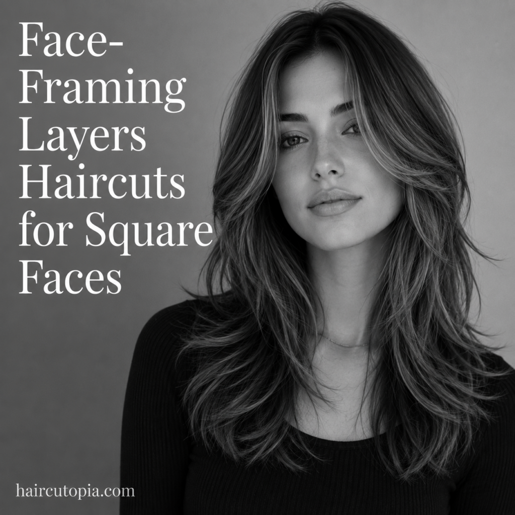 Woman with soft face-framing layered haircut designed to complement a square face shape in a black-and-white editorial portrait.