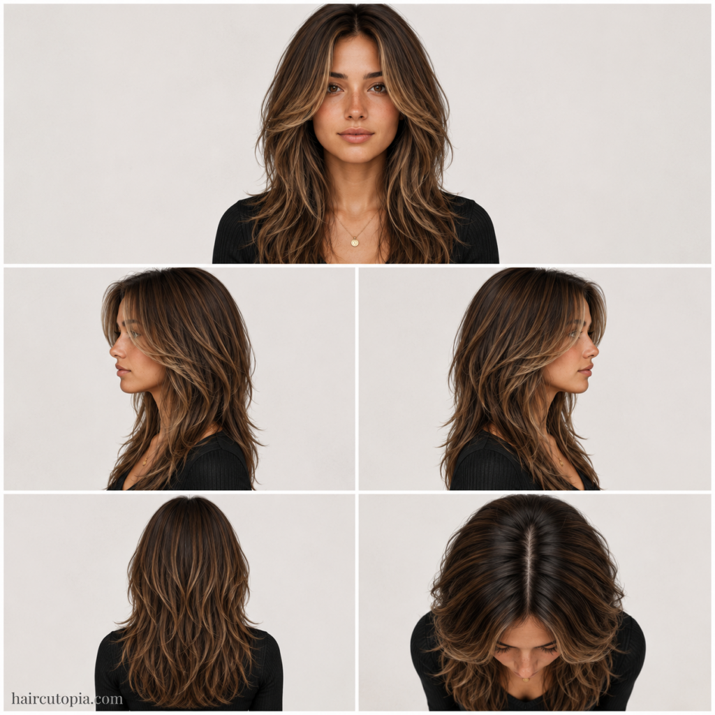 Five-view collage of a face-framing layered haircut for an oval face showing the front, left side, right side, back, and top views.
