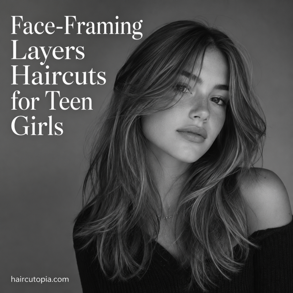 Teen girl with long face-framing layered haircut in a black-and-white editorial portrait.