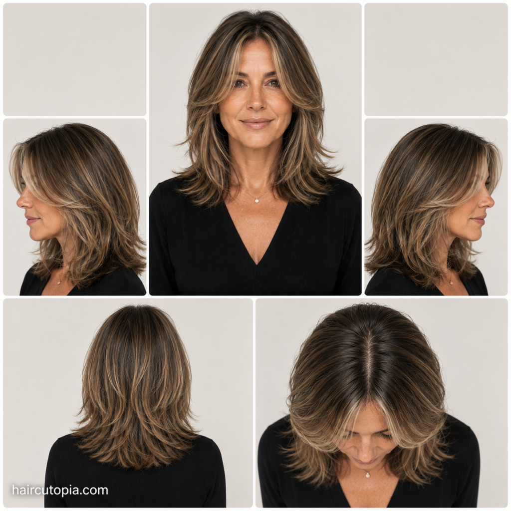 Five-view collage showing a face-framing layered haircut for women over 40 from the front, left side, right side, back, and top view.