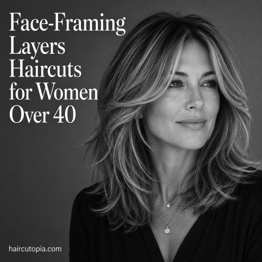 Woman over 40 with a modern face-framing layered haircut in a black-and-white editorial portrait.