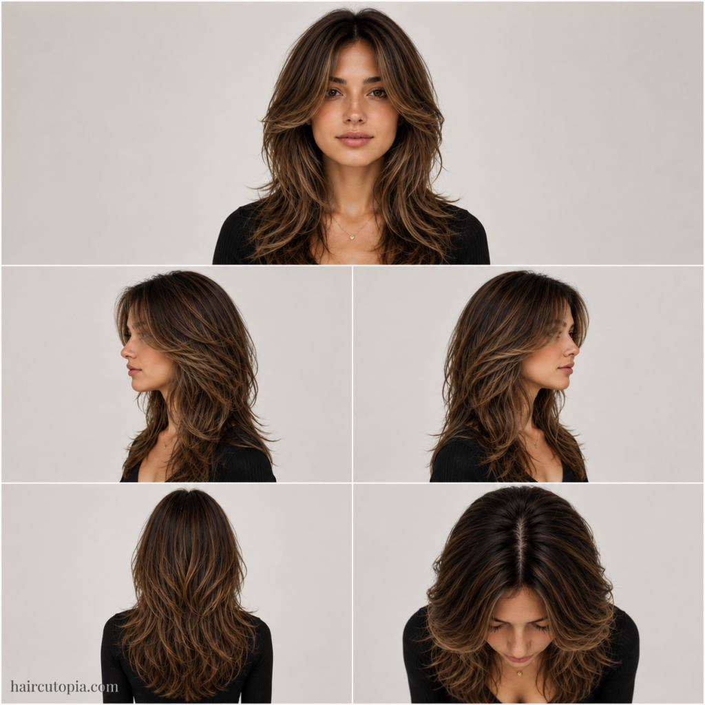 Five-view collage of a face-framing layered haircut for a heart-shaped face showing the front, left side, right side, back, and bird's-eye views.