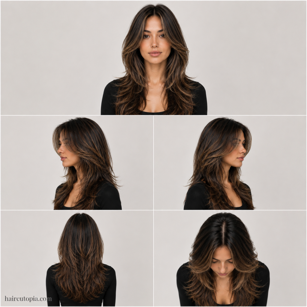 Five-view collage of a face-framing layered haircut for a long face showing the front, left side, right side, back, and bird's-eye views.