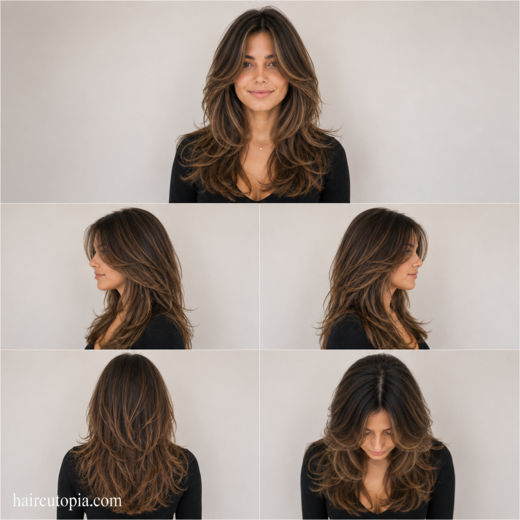 Five-view collage of a woman with a face-framing layered haircut for a round face showing the front, left side, right side, back, and top views.