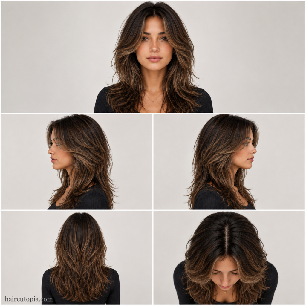 Five-view collage of a face-framing layered haircut for a square face showing the front, left side, right side, back, and bird's-eye views.