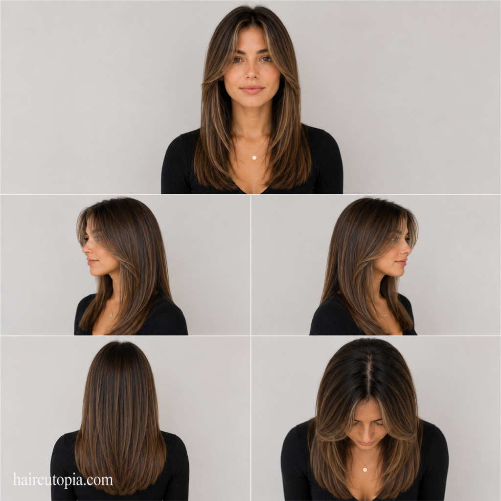 Five-view collage of a woman with face-framing layered straight hair showing the front, left side, right side, back, and top views.