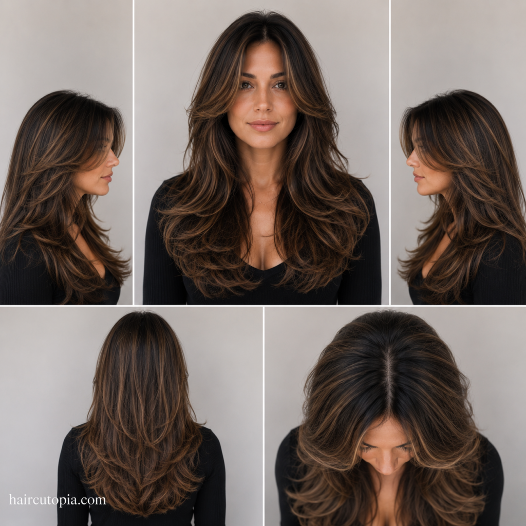 Five-view collage of a face-framing layered haircut for thick hair showing the front, left side, right side, back, and top views.
