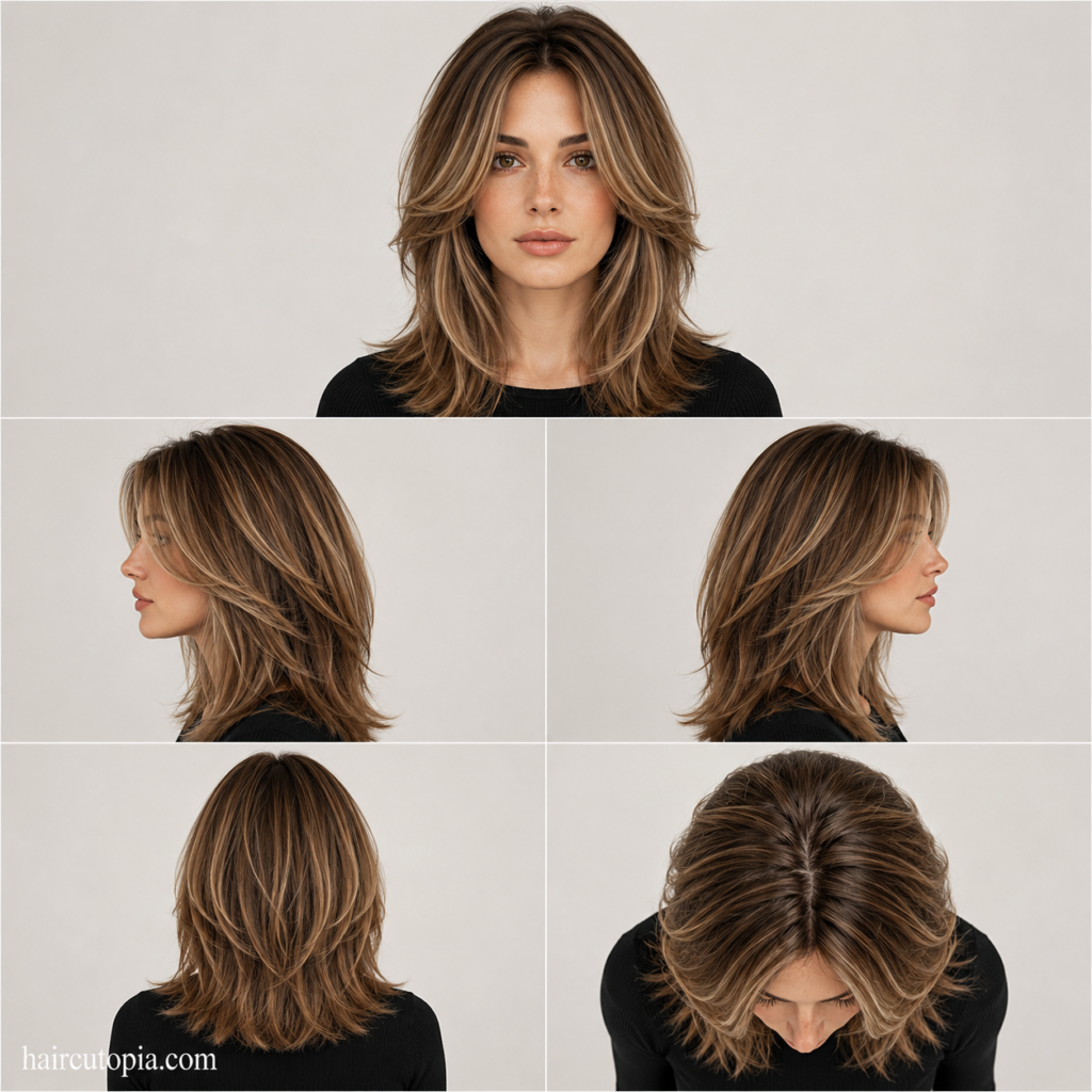 Five-view collage of a woman with face-framing layered hair for thin hair, showing the front, left side, right side, back, and top views.