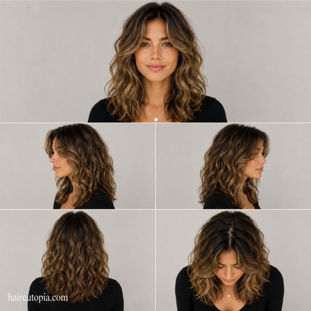 Five-view collage of a woman with face-framing layered wavy hair showing the front, left side, right side, back, and top views.