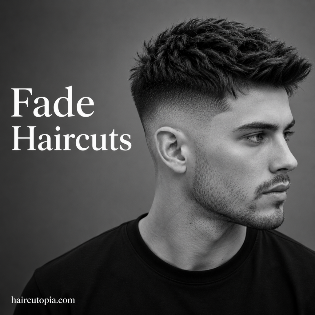 Modern fade haircut with a textured top and clean skin fade in a black and white editorial portrait.