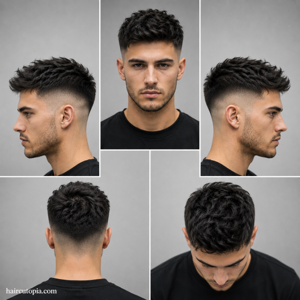 Five-view collage of a modern fade haircut showing the front, left side, right side, back, and top views with a textured top and clean fade.