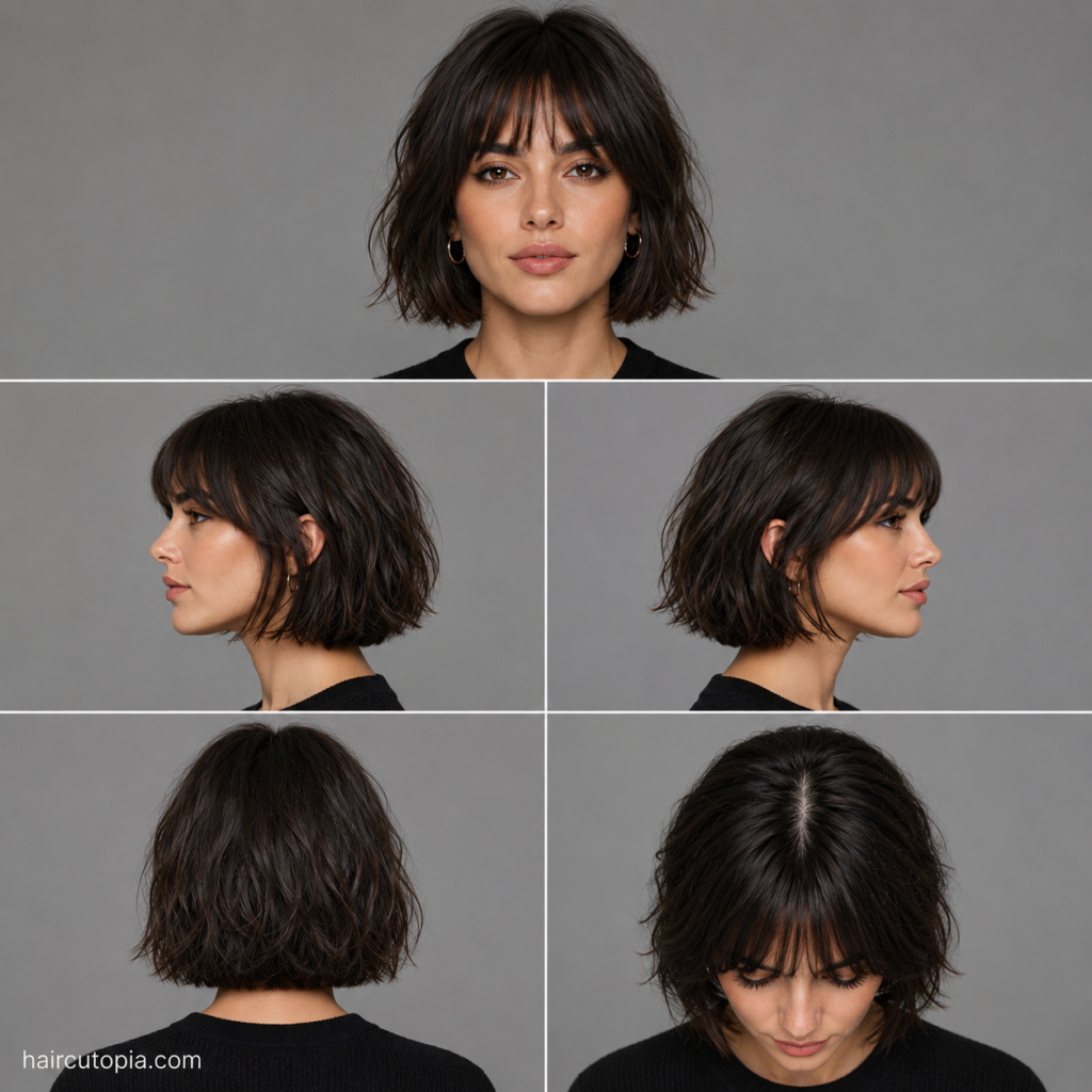 French bob haircut for a diamond-shaped face shown from front, side, back, and top views