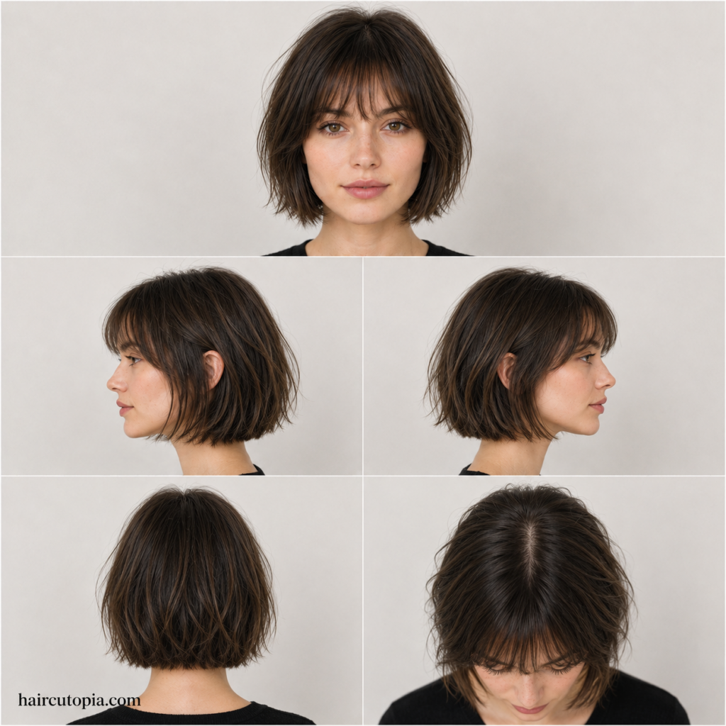 French bob for fine hair shown from the front, left side, right side, back, and top views