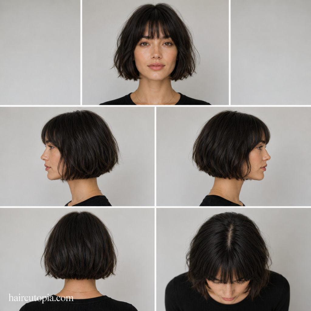 French bob haircut shown from front, left side, right side, back, and top views