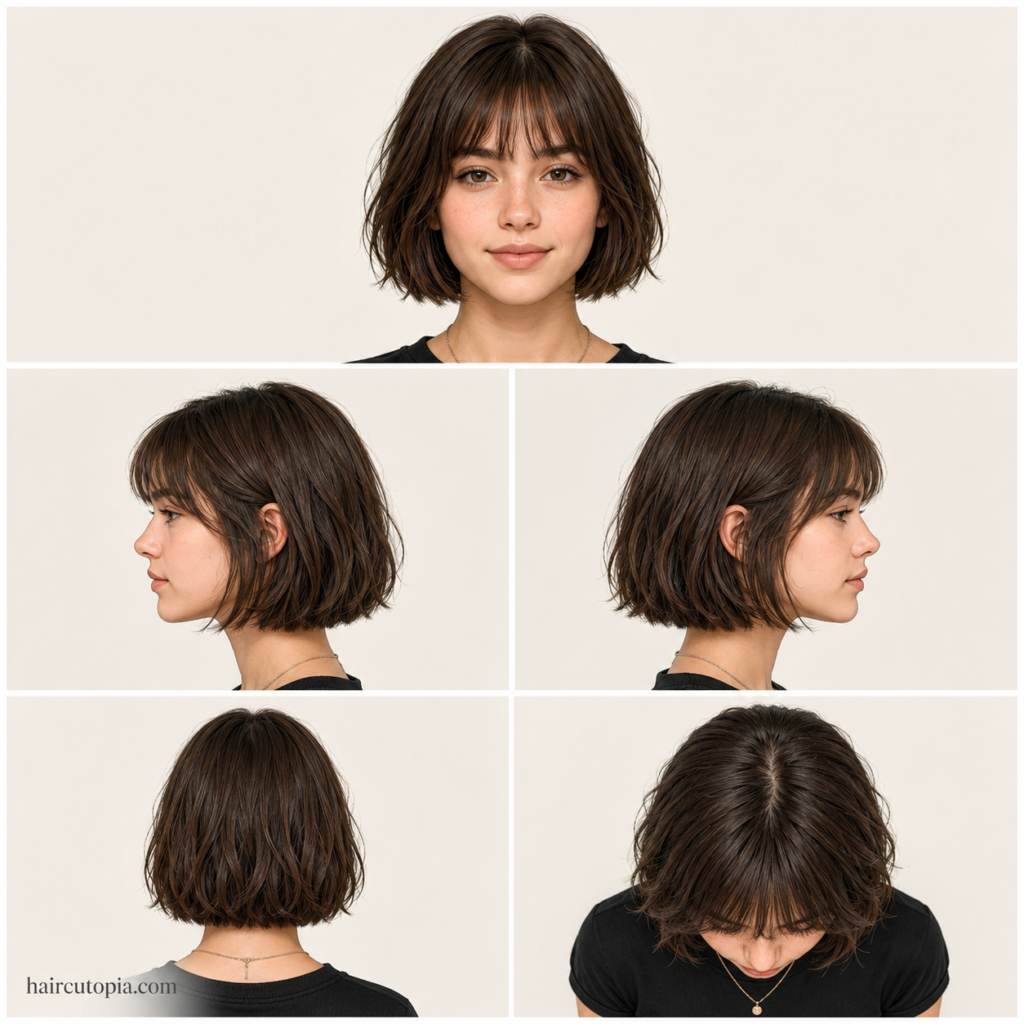 French bob haircut shown from front, side, back, and top views