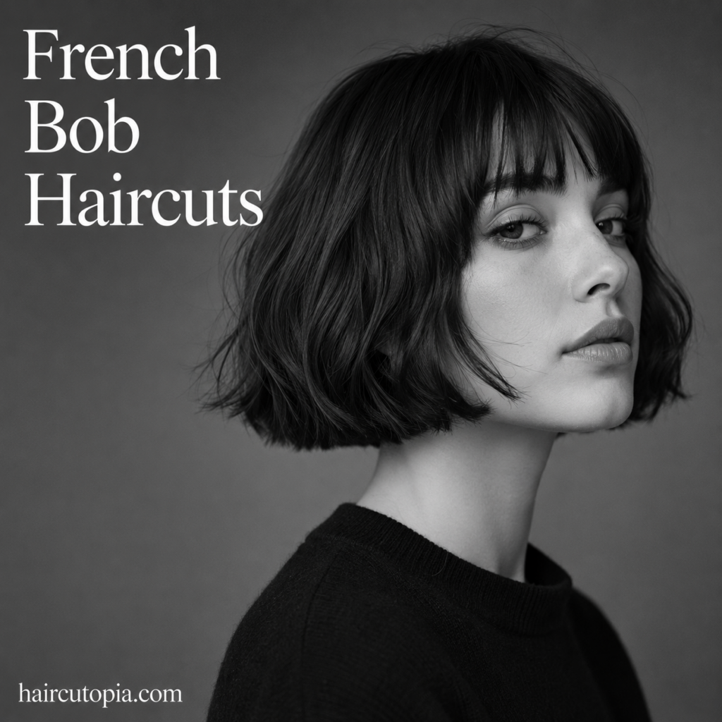 Woman with a short French bob haircut featuring soft texture and blunt bangs