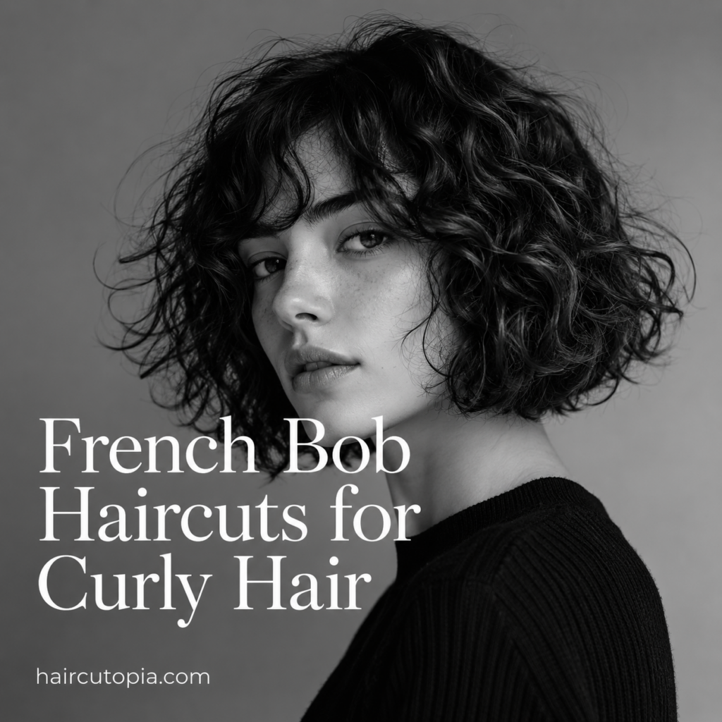 Black-and-white portrait featuring a French bob haircut for curly hair
