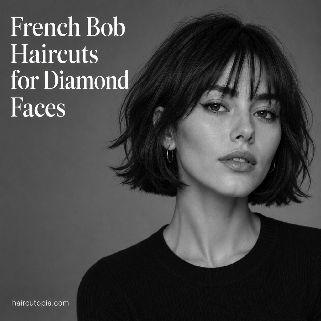 French bob haircut with soft bangs and natural texture on a diamond-shaped face