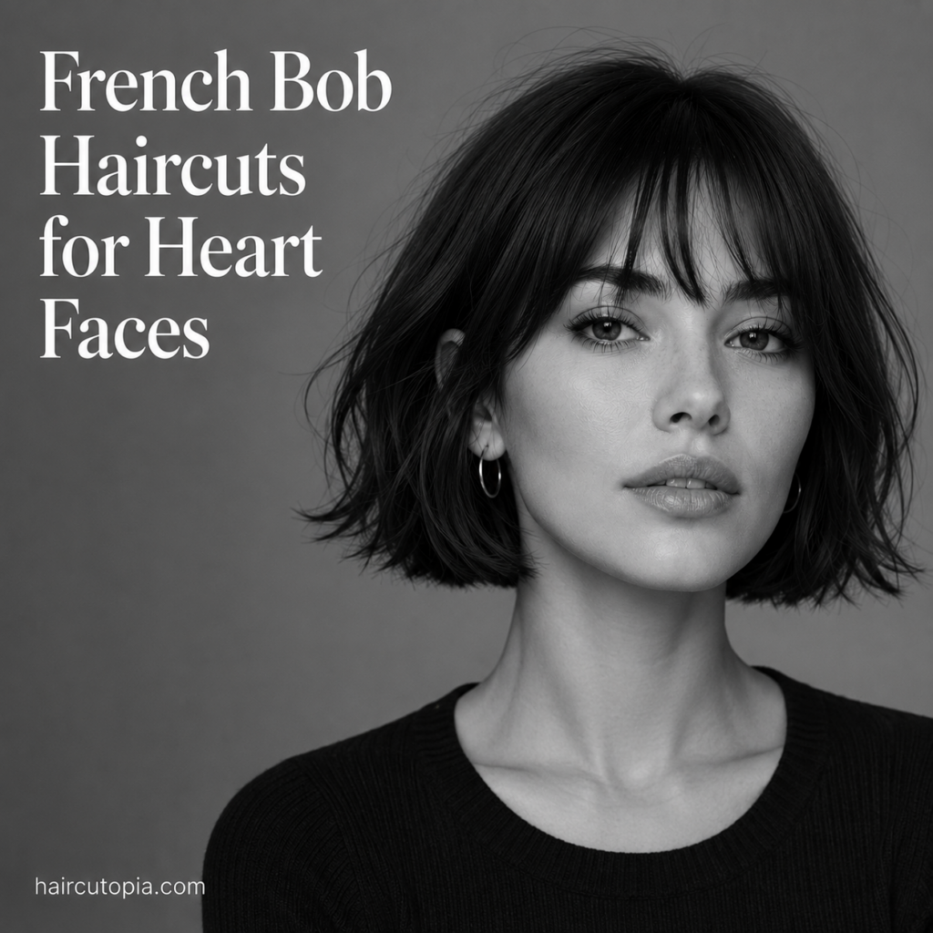 French bob haircut with soft bangs and natural texture on a heart-shaped face