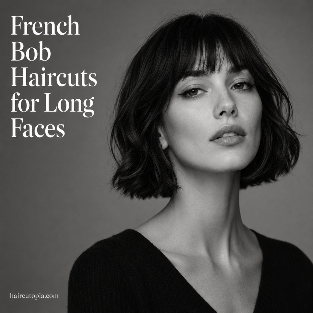 French bob haircut with bangs and soft waves on a long face
