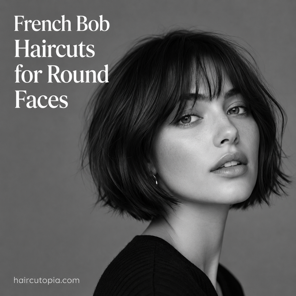French bob haircut with bangs styled on a round face