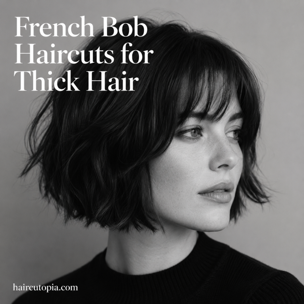 French bob haircut for thick hair with bangs and textured jaw-length layers