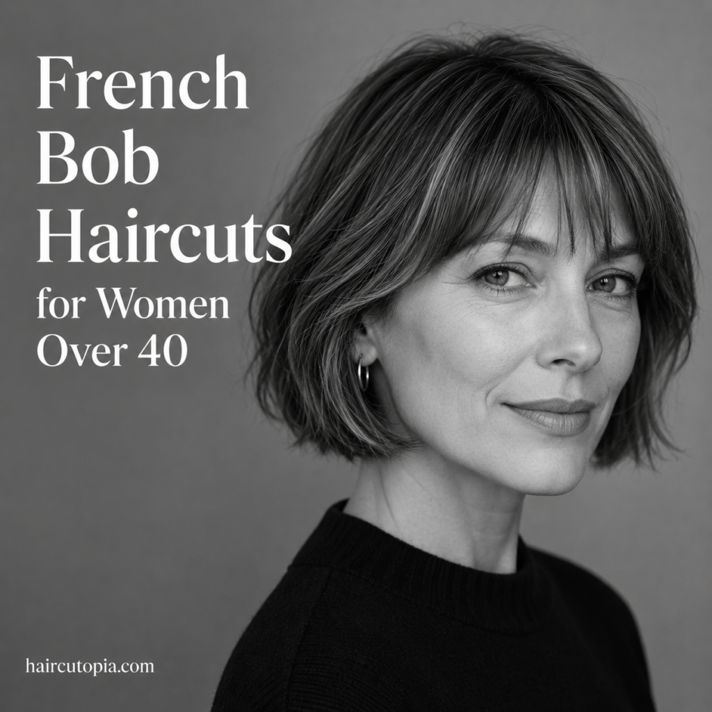 French bob haircut for women over 40 with soft bangs and natural texture
