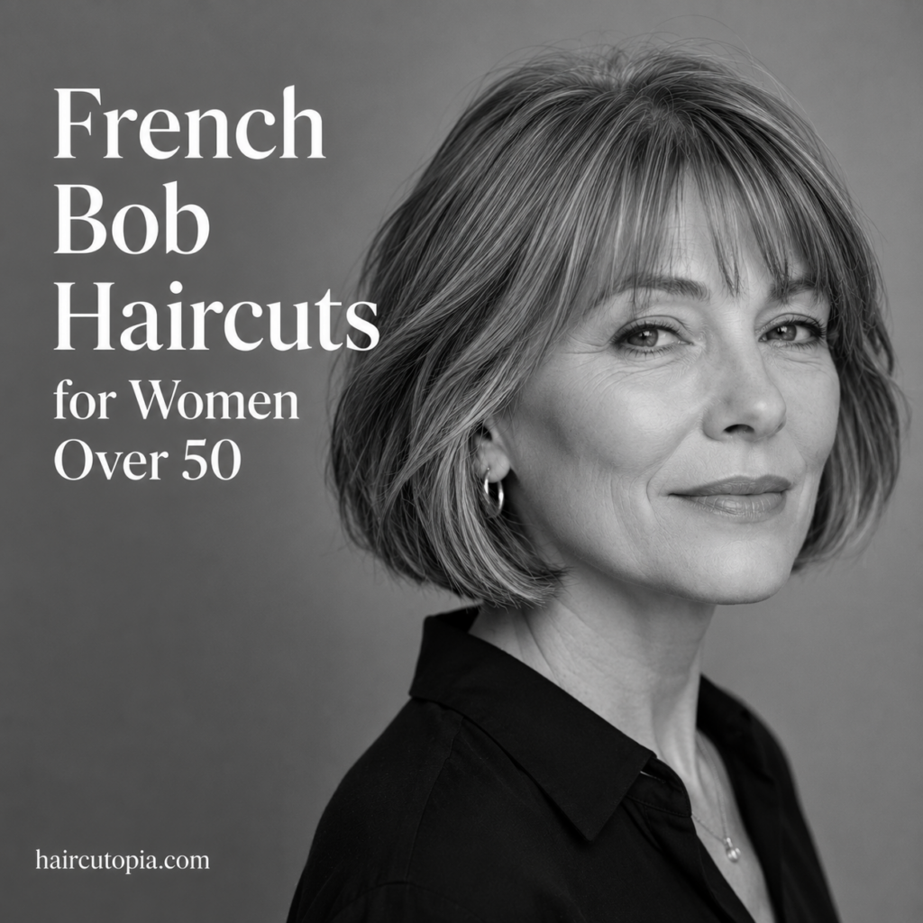 French bob haircut for women over 50 with soft bangs and natural texture