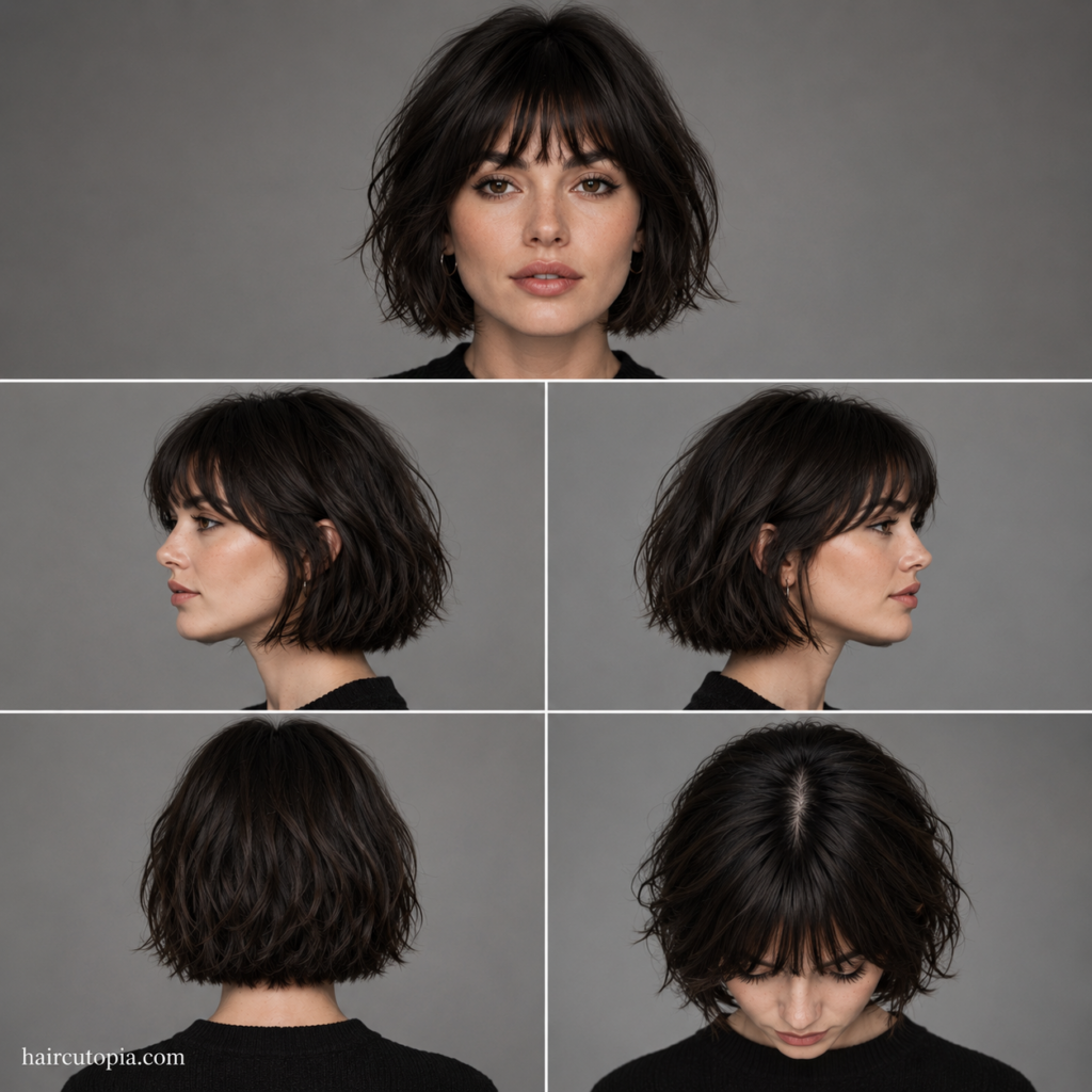 French bob haircut for a heart-shaped face shown from front, side, back, and top views