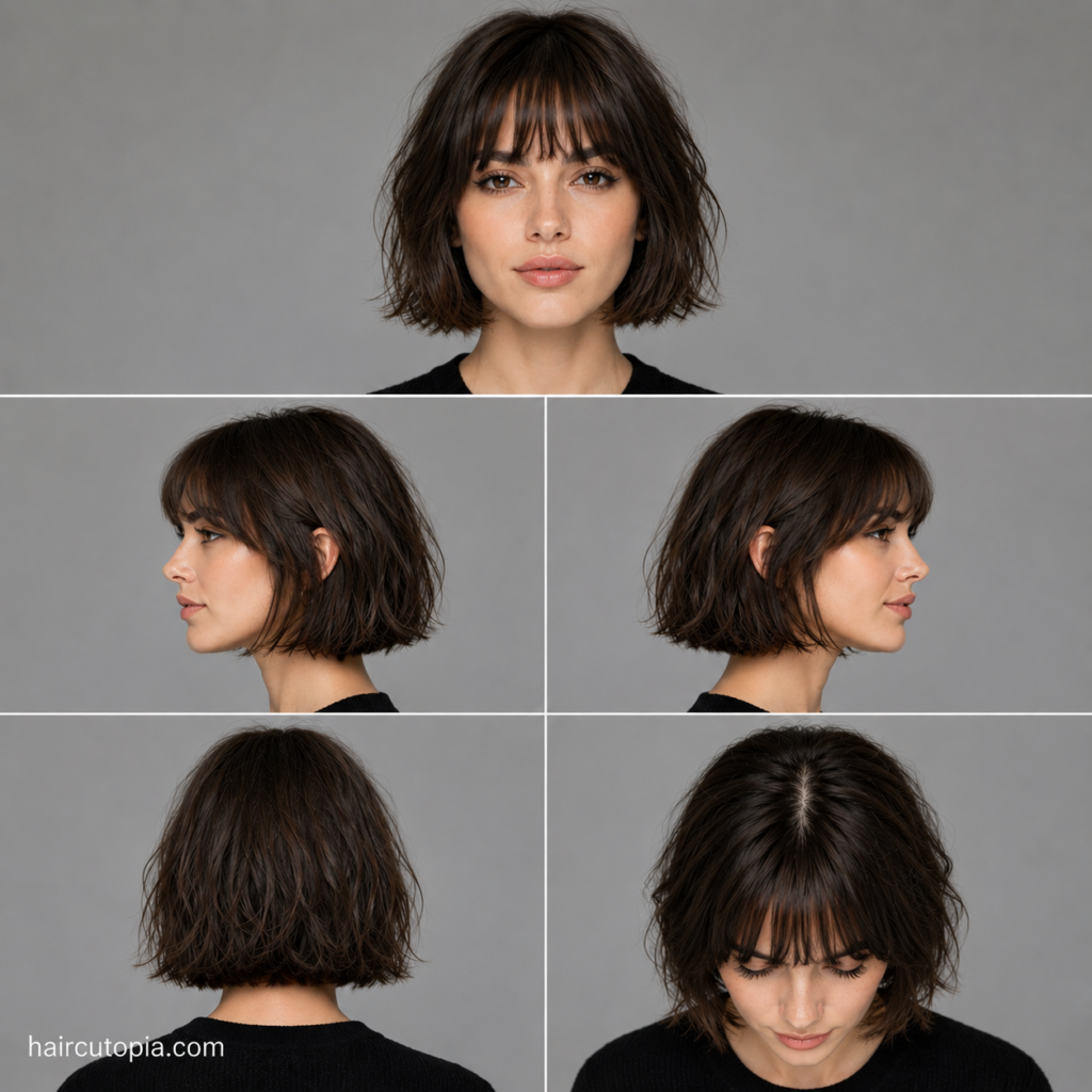 French bob haircut for a long face shown from front, side, back, and top views