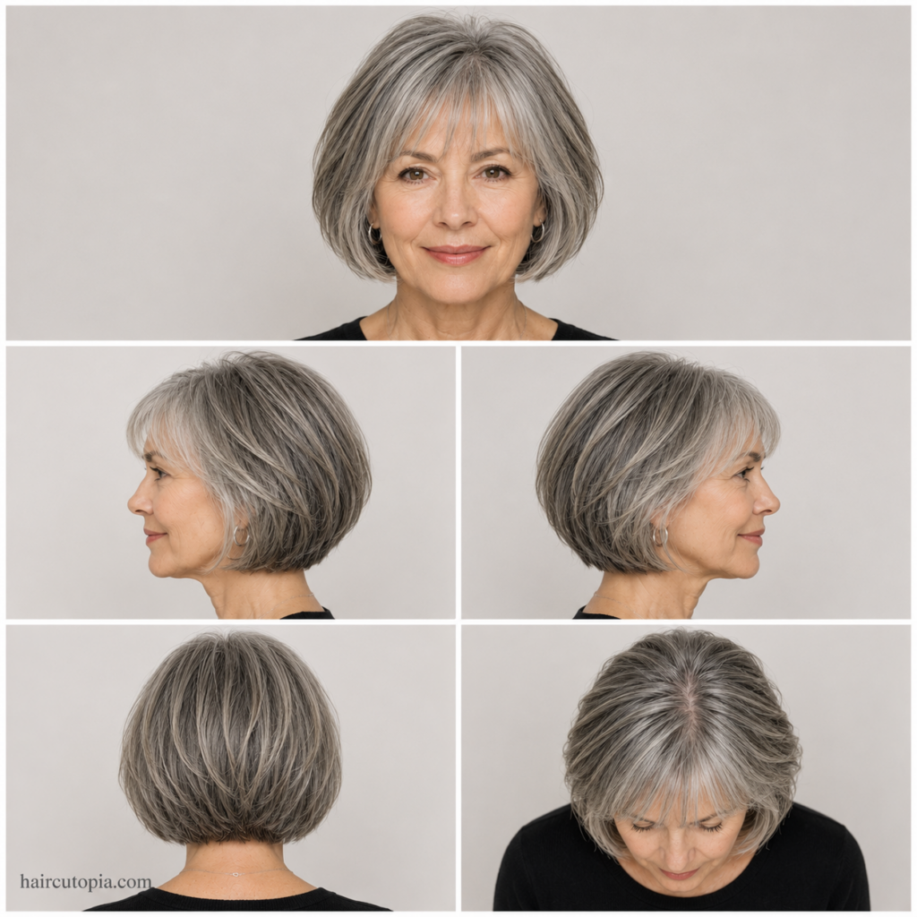 French bob haircut for older women shown from front, side, back, and top views