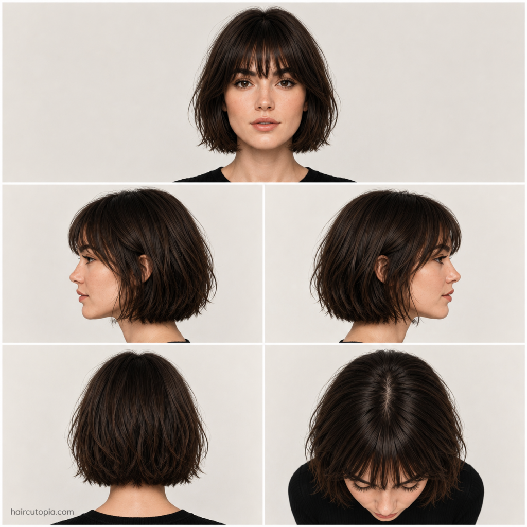French bob haircut for an oval face shown from front, left, right, back, and top views