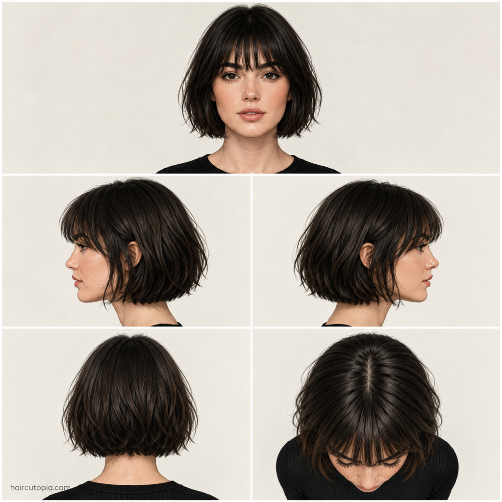French bob haircut for a round face shown from front, left, right, back, and top views