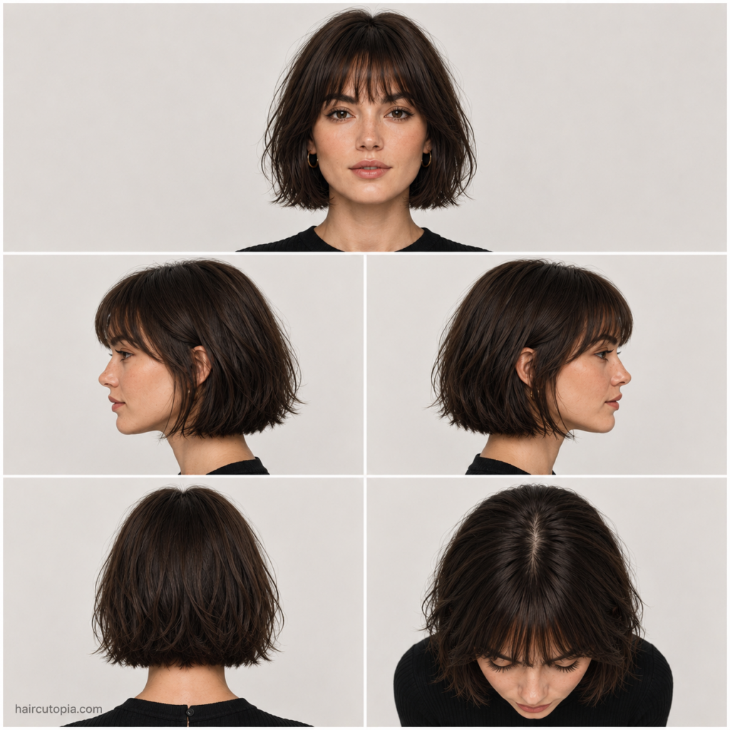French bob haircut for a square face shown from front, side, back, and top views